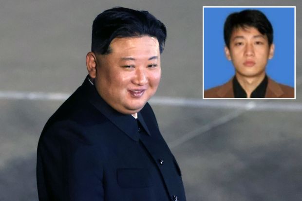 An image collage containing 2 images, Image 1 shows Kim Jong Un smiling at a departure ceremony, Image 2 shows Mugshot of Jon Chang Hyok, a North Korean hacker