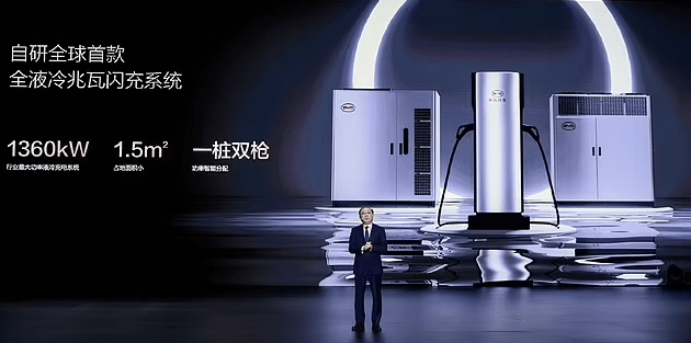 A man stands before a new fast-charging system for electric vehicles.