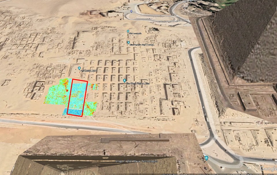 Aerial view of an L-shaped structure discovered beneath the Giza pyramids.