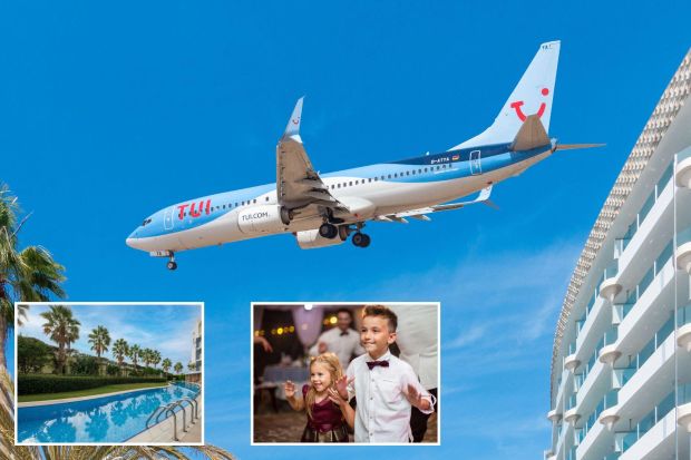 An image collage containing 3 images, Image 1 shows TUI airplane flying over a hotel in Spain, Image 2 shows Two children dancing at a party, Image 3 shows Swimming pool at a resort with palm trees