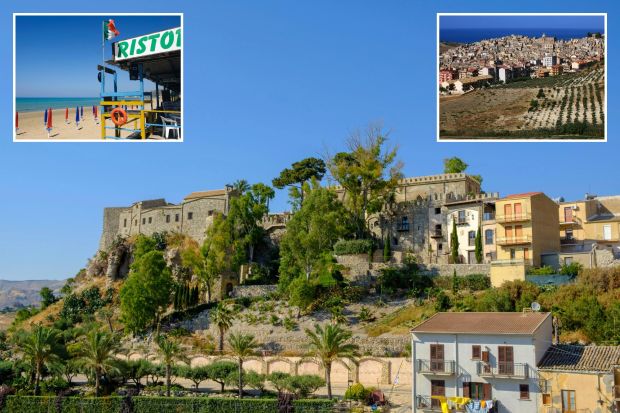 An image collage containing 3 images, Image 1 shows Castello Chiaramonte in Siculiana, Sicily, Image 2 shows Beach restaurant with Italian flag and lifeguard stand, Image 3 shows Siculiana, Sicily, Italy, viewed from above, showing the town's architecture and surrounding olive groves