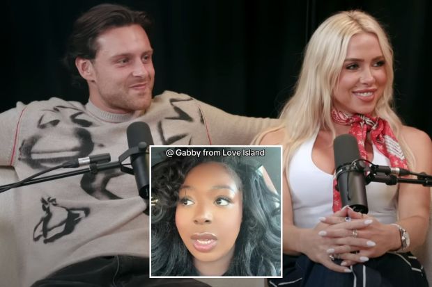 An image collage containing 2 images, Image 1 shows Casey O’Gorman and Gabby Allen on a podcast, Image 2 shows Gabby from Love Island responding to a fan
