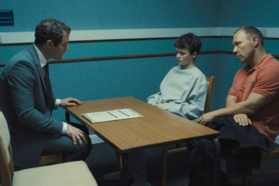 An image collage containing 1 images, Image 1 shows Scene from "Adolescence" showing three people sitting around a table in an interview room
