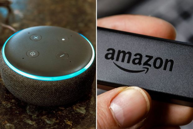 An image collage containing 2 images, Image 1 shows Amazon Echo Dot smart speaker with blue light ring, Image 2 shows Close-up of an Amazon Fire TV Stick