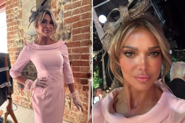 An image collage containing 2 images, Image 1 shows Woman in pink dress and hat, Image 2 shows Woman in pink wearing a gold headpiece