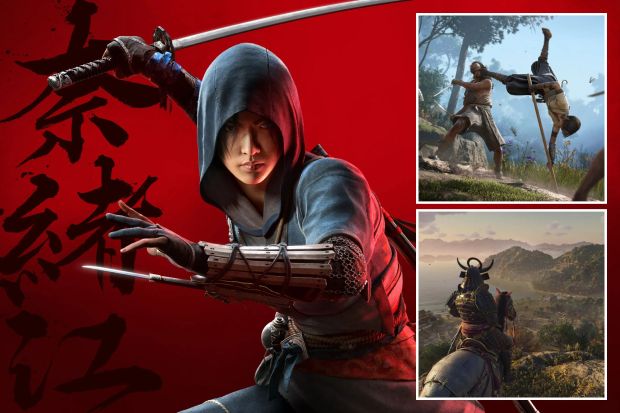 An image collage containing 3 images, Image 1 shows Assassin's Creed Shadows promotional image of a female assassin wielding a katana and a tanto, Image 2 shows Assassin's Creed Shadows: a warrior performing a backflip kick during combat, Image 3 shows Samurai on horseback overlooking a coastal Japanese town