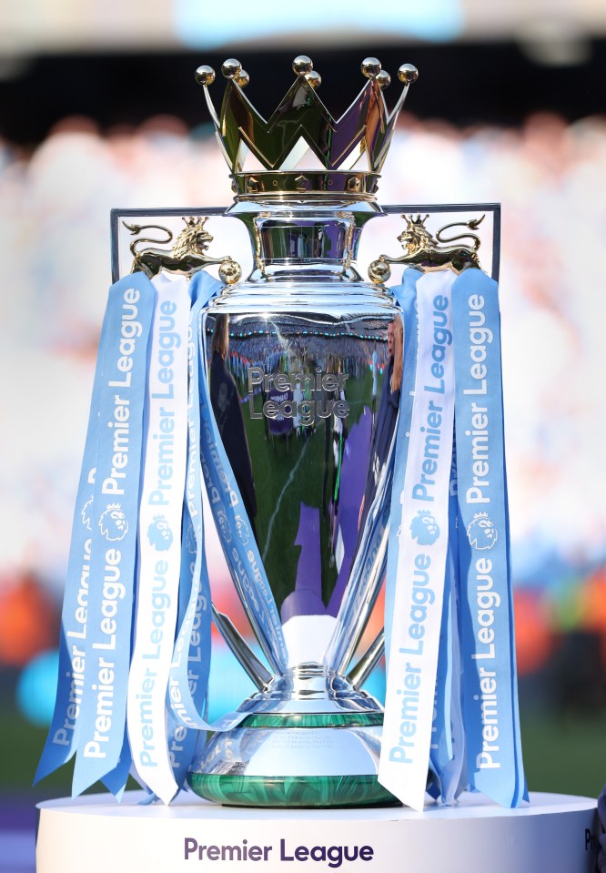 MANCHESTER, ENGLAND - MAY 19: The Premier League trophy is seen on display after the Premier League match between Manchester City and West Ham United at Etihad Stadium on May 19, 2024 in Manchester, England. (Photo by Alex Livesey - Danehouse/Getty Images)