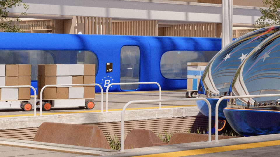 Illustration of a high-speed train at a modern station, with cargo being loaded.