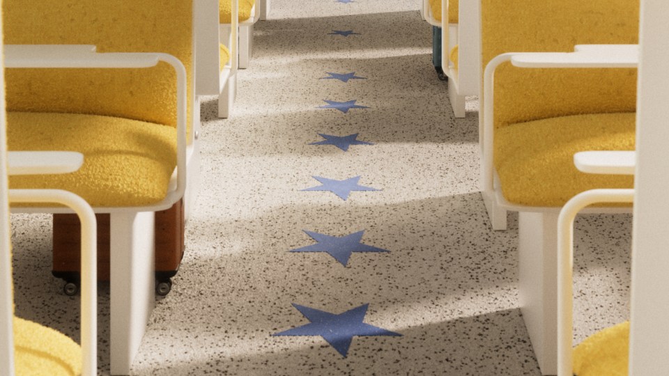 Illustration of a train's interior with yellow seats and a floor marked with blue stars.