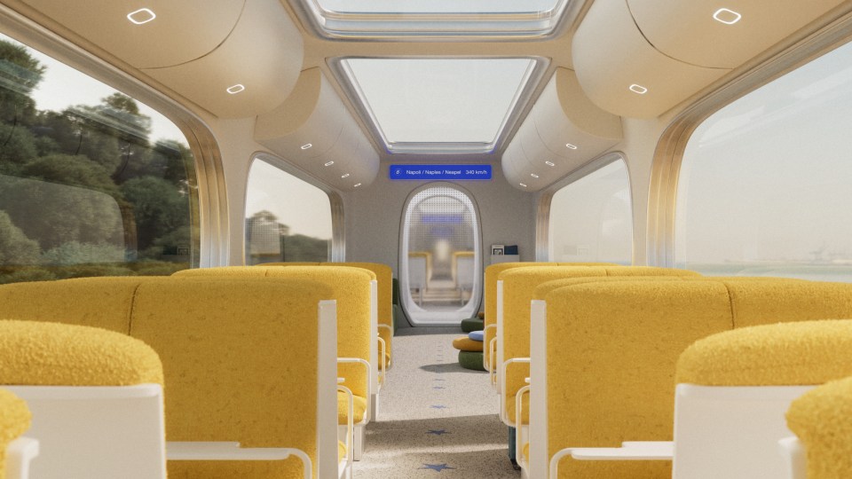 Illustration of the interior of a high-speed train.
