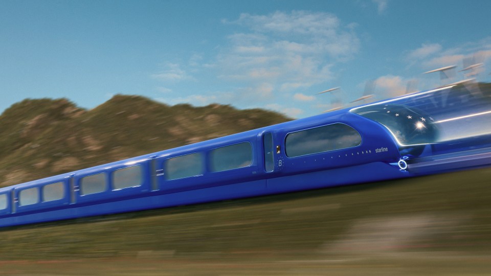 Illustration of a high-speed, blue train, the Starline, traveling through a landscape.