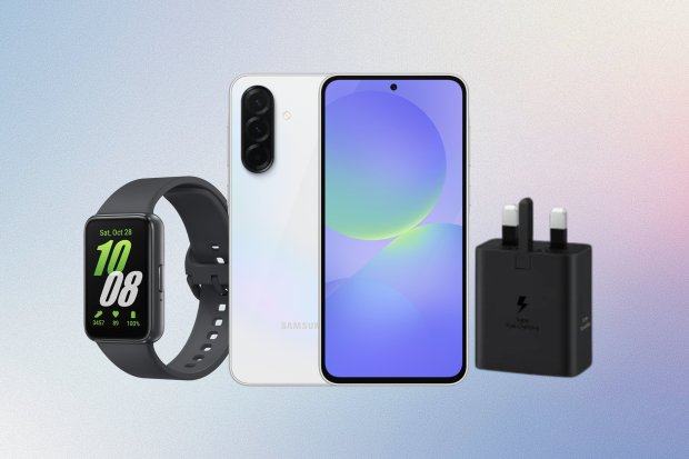Samsung Galaxy A36 freebie bundle: phone, smartwatch, and charger.