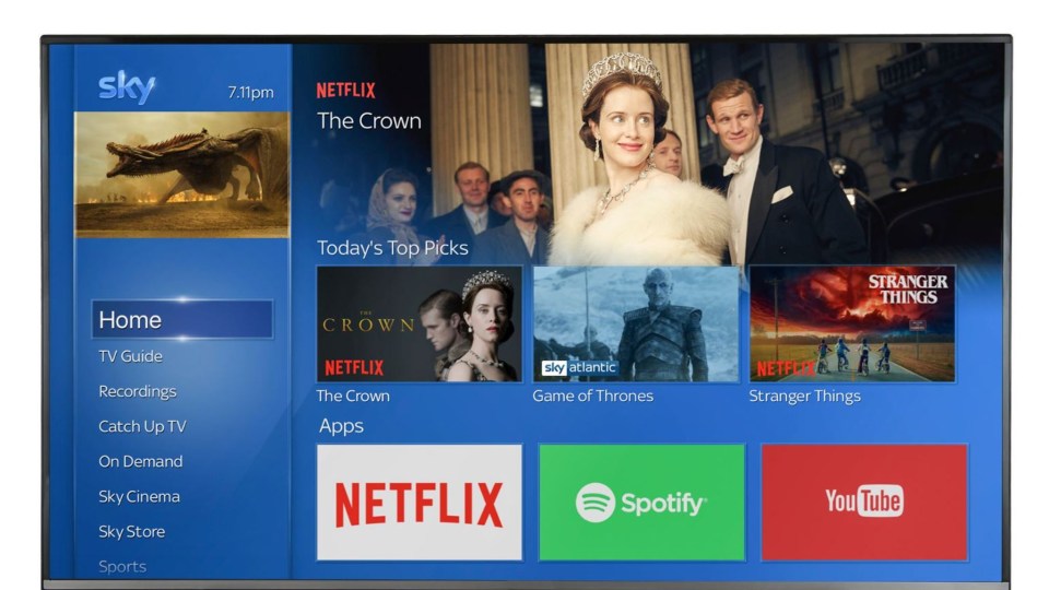 Sky TV interface showing Netflix, Spotify, YouTube, and various shows.