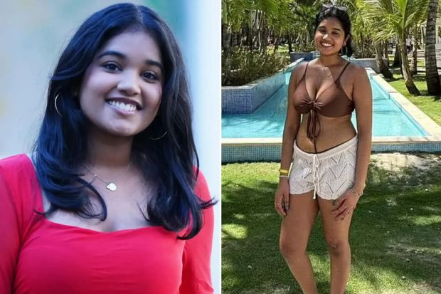 An image collage containing 2 images, Image 1 shows Photo of missing student Sudiksha Konanki, Image 2 shows Photo of Sudiksha Konanki in resort wear