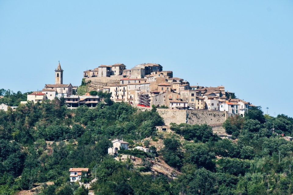 Historic town nestled on a hilltop, surrounded by lush greenery.