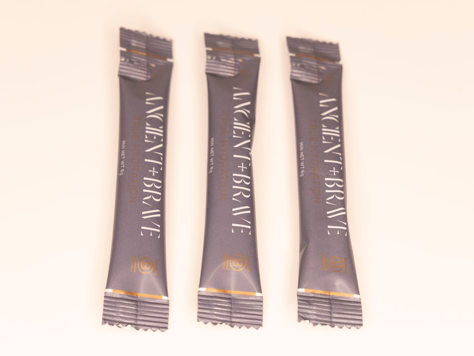 Three packets of Ancient + Brave True Hydration electrolyte drink mix.