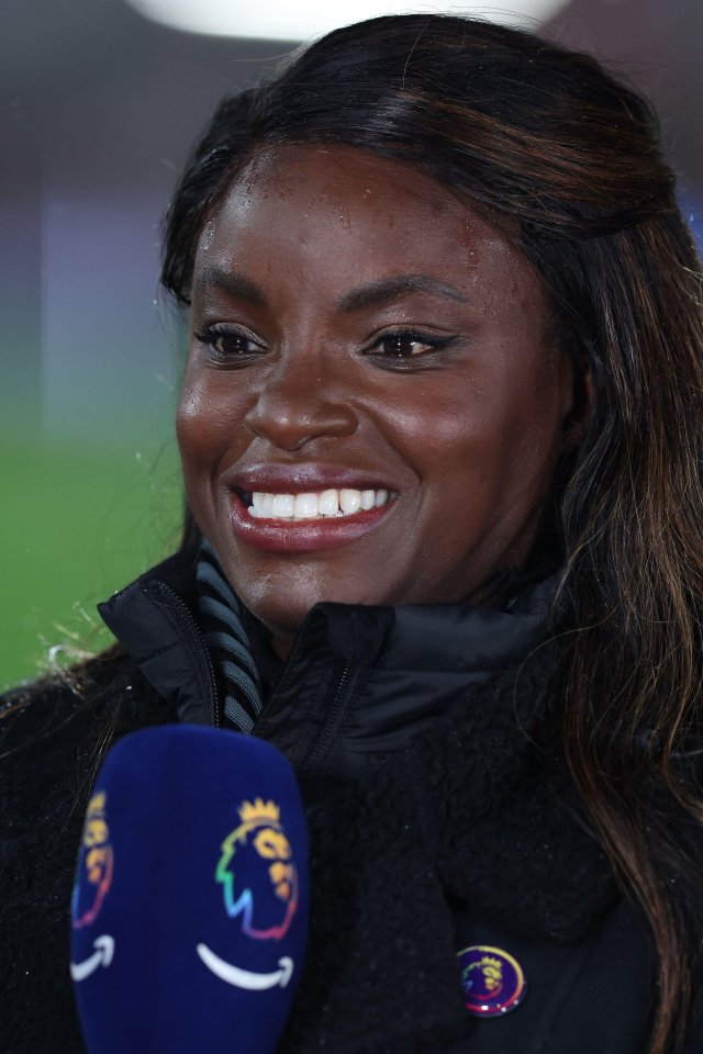 Eni Aluko presenting for Amazon Prime at a Premier League match.