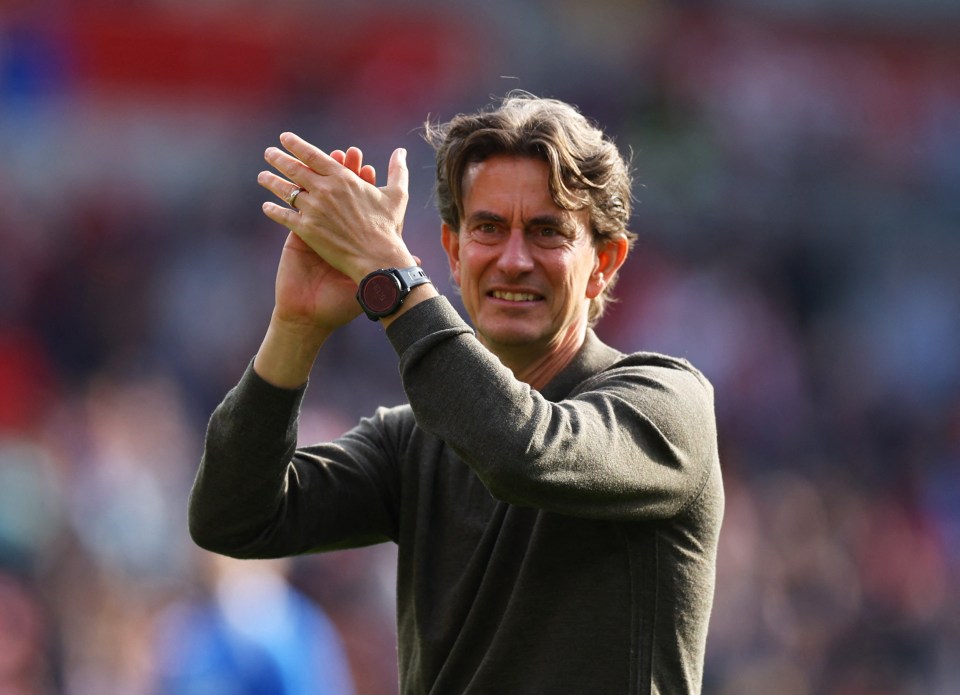 Brentford manager Thomas Frank applauding.