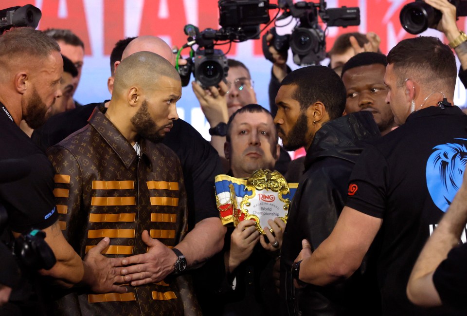 Chris Eubank Jr. and Conor Benn face off at a press conference.