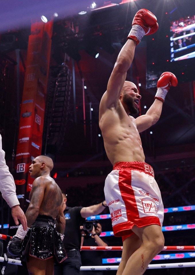 Chris Eubank Jr. celebrating after a boxing match.