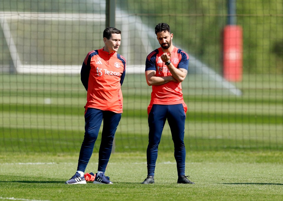 Manchester United manager Ruben Amorim and head of sports medicine Gary O'Driscoll at training.