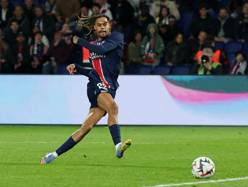 Bradley Barcola of Paris St Germain shoots at goal.