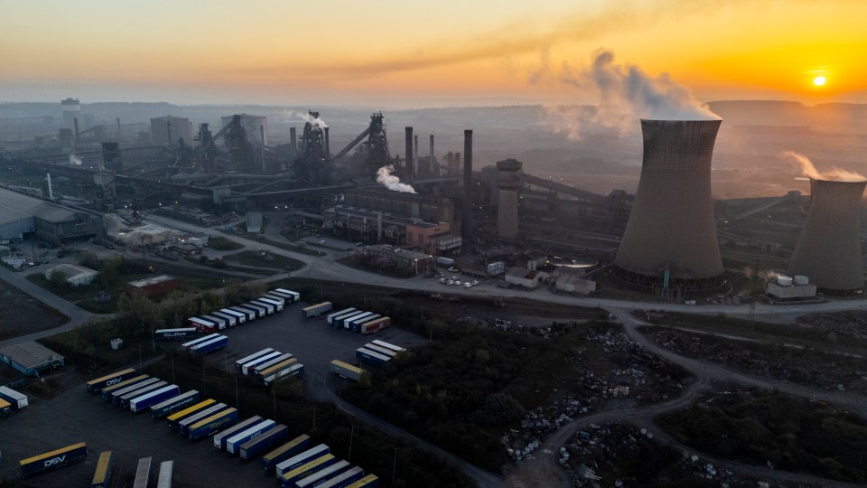 Aerial view of British Steel Scunthorpe site at sunrise.