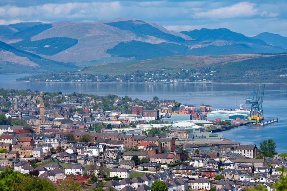 Elevated view of Greenock, Scotland, showing the city, port, and Firth of Clyde.