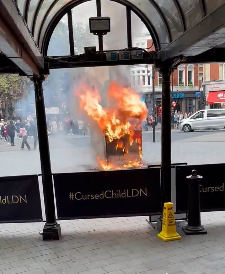 Rickshaw engulfed in flames near a London tourist attraction.