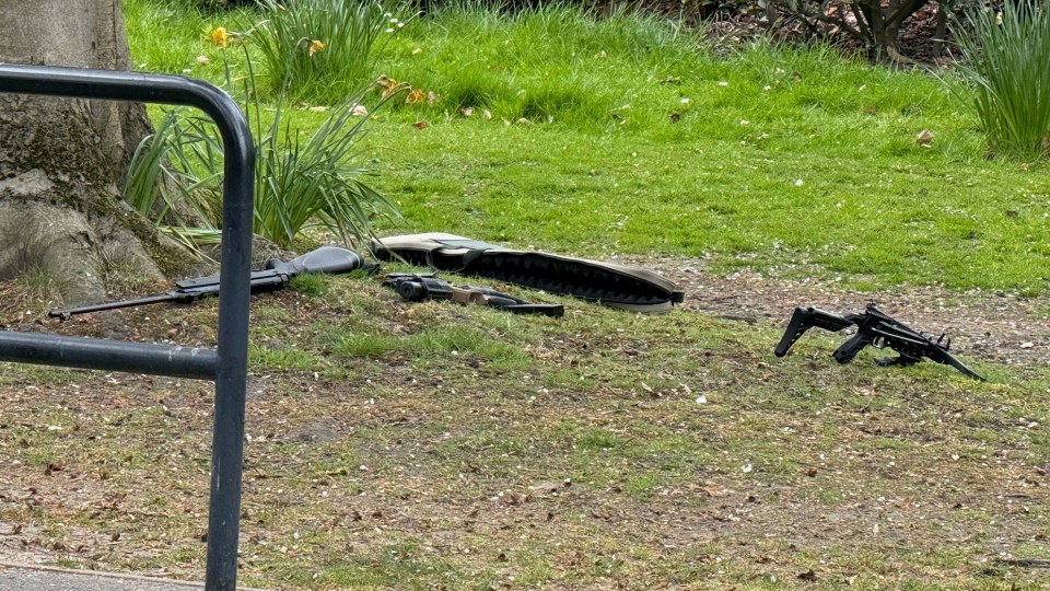 Guns and a crossbow on the ground.