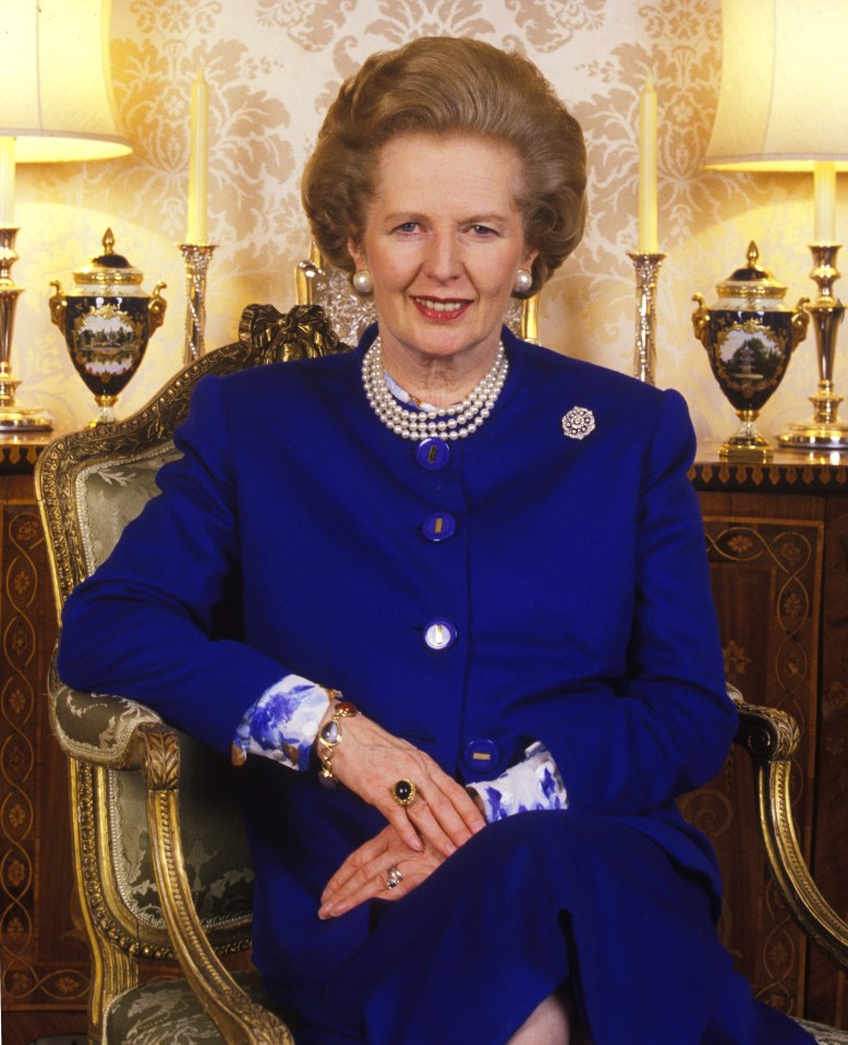 Portrait of Margaret Thatcher in a blue suit.