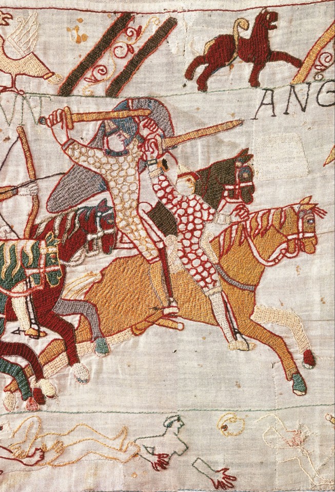 Detail from the Bayeux Tapestry depicting a battle scene with knights on horseback.