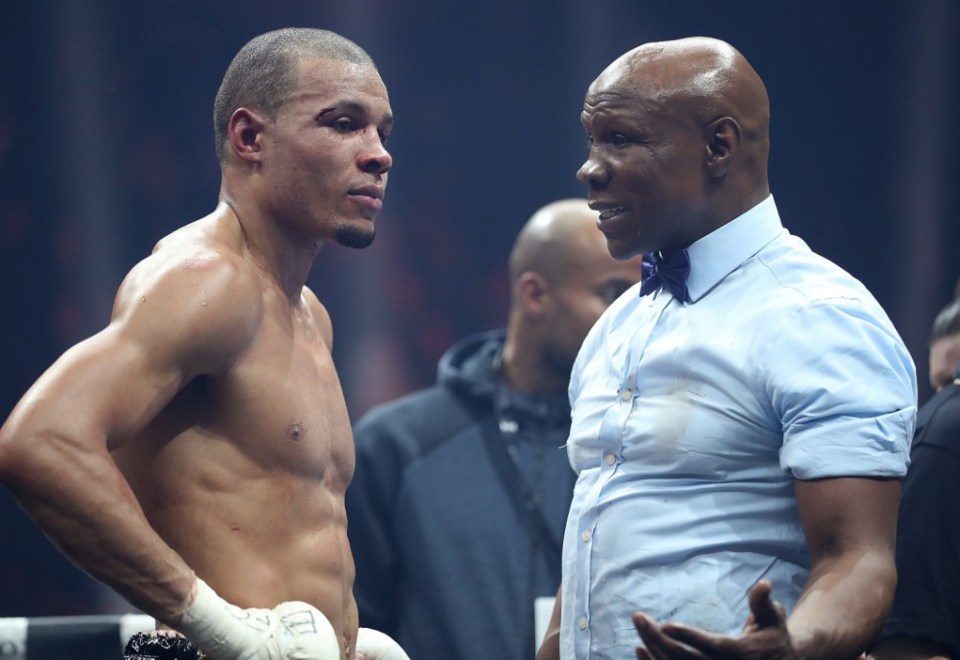 MANCHESTER, ENGLAND - FEBRUARY 17:  Chris Eubank JR of England speaks with his father Chris Eubank Snr following his WBSS Super Middleweight bout against George Groves of England at the Manchester Arena on February 17, 2018 in Manchester, England.  (Photo by Mark Robinson/Getty Images)