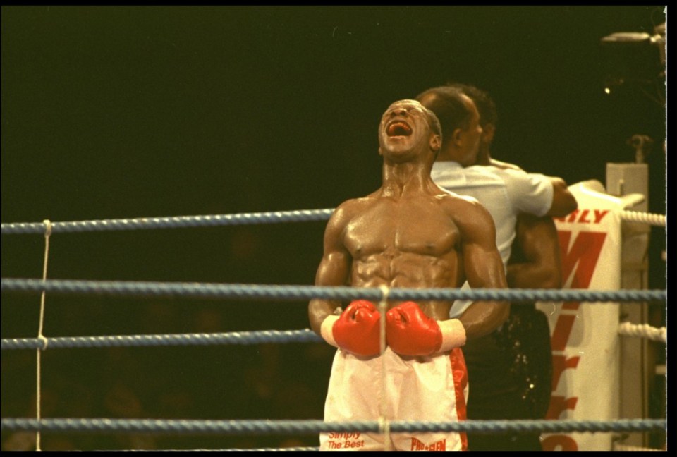18 NOV 1990:  CHRIS EUBANK CRIES TO THE HEAVENS AFTER BEATING NIGEL BENN IN THE NINTH ROUND AT BIRMINGHAM. CHRIS EUBANK BECAME THE NEW WBO WORLD MIDDLEWEIGHT CHAMPION.