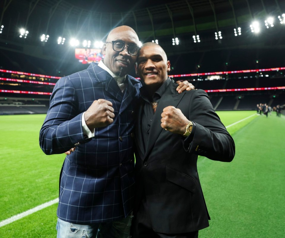 LONDON, ENGLAND - FEBRUARY 27: Conor Benn and his father Nigel on the pitch after todays press conference announcing the Eubank v Benn fight in April, on February 27, 2025 in London, England. (Photo by Mark Robinson/Matchroom Boxing/Getty Images)