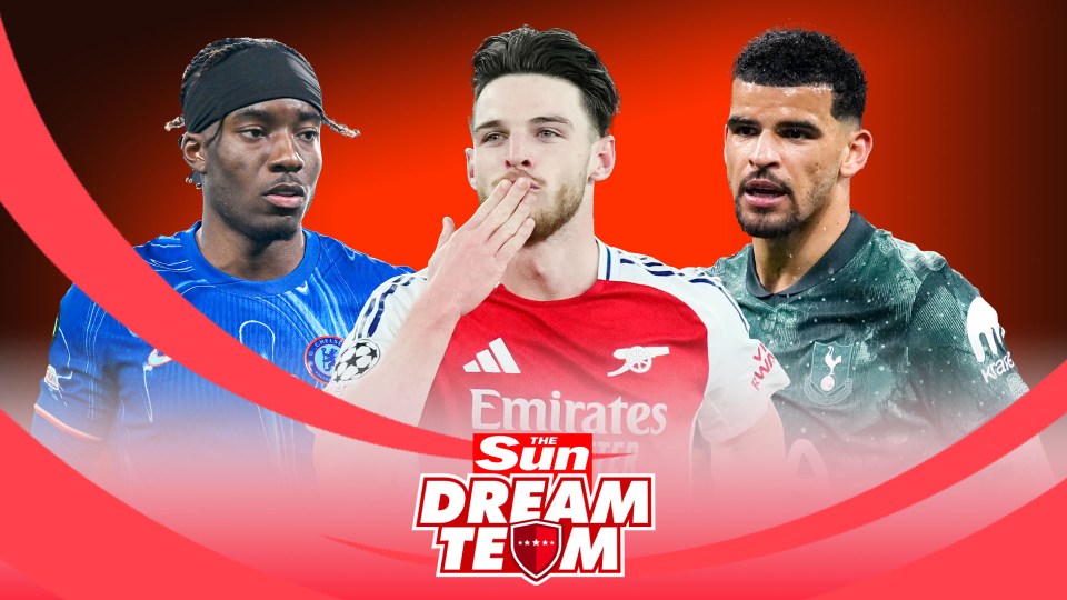 Collage of three soccer players: Madueke, Rice, and Solanke, for The Sun Dream Team.