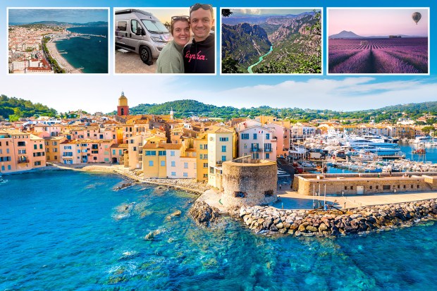 Collage of a couple's travel photos in France, including a camper van, coastal cityscapes, a lavender field, and a scenic canyon.