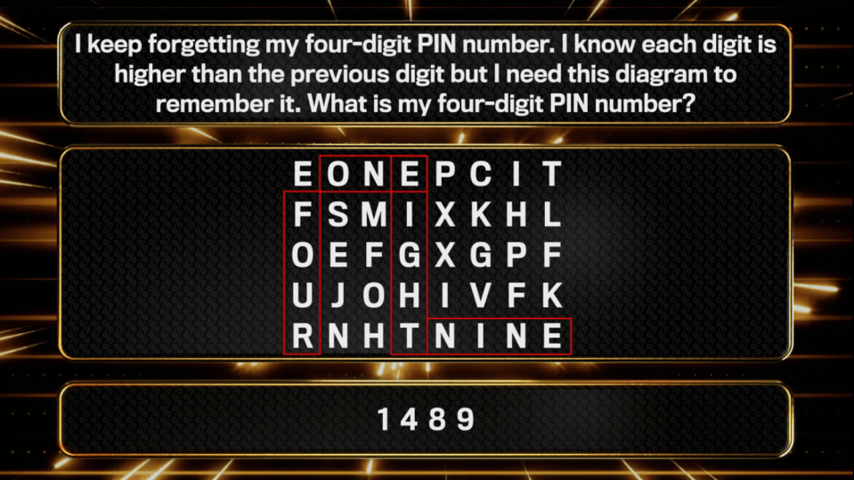 Puzzle to find a four-digit PIN using a letter grid; the answer is 1489.