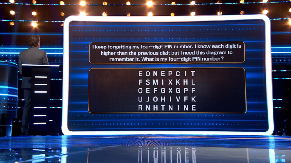 Screenshot of a game show puzzle:  find the four-digit PIN where each digit is higher than the previous one, using a letter grid as a clue.