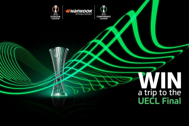 Illustration of a trophy with green light trails and text promoting a trip to the UECL Final.