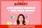 £50 bingo bonus and 100 free spins for new customers.  Deposit and spend £10.
