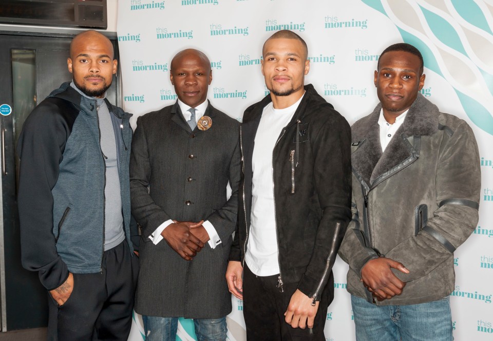 Chris Eubank Jr., Chris Eubank Sr., and their sons on the "This Morning" TV show.
