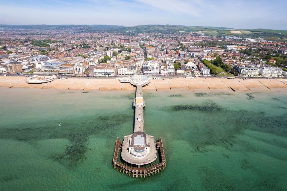 Aerial view of Worthing pier and beach.