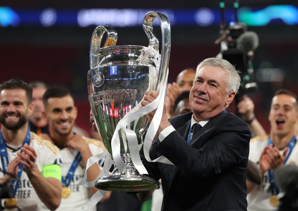 Carlo Ancelotti holding the UEFA Champions League trophy.