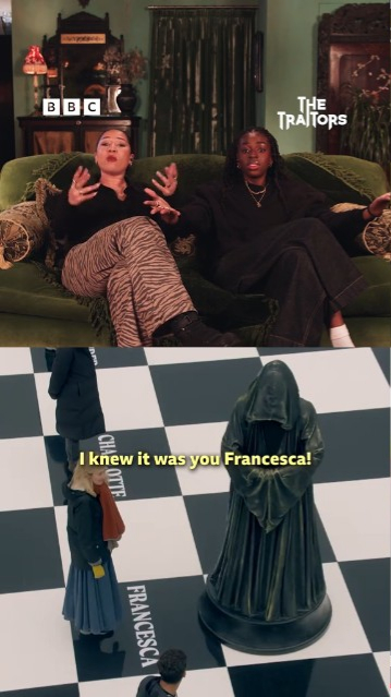 Cat Burns and Ayamé react to *The Traitors* episode 10; a giant chess piece representing a traitor.