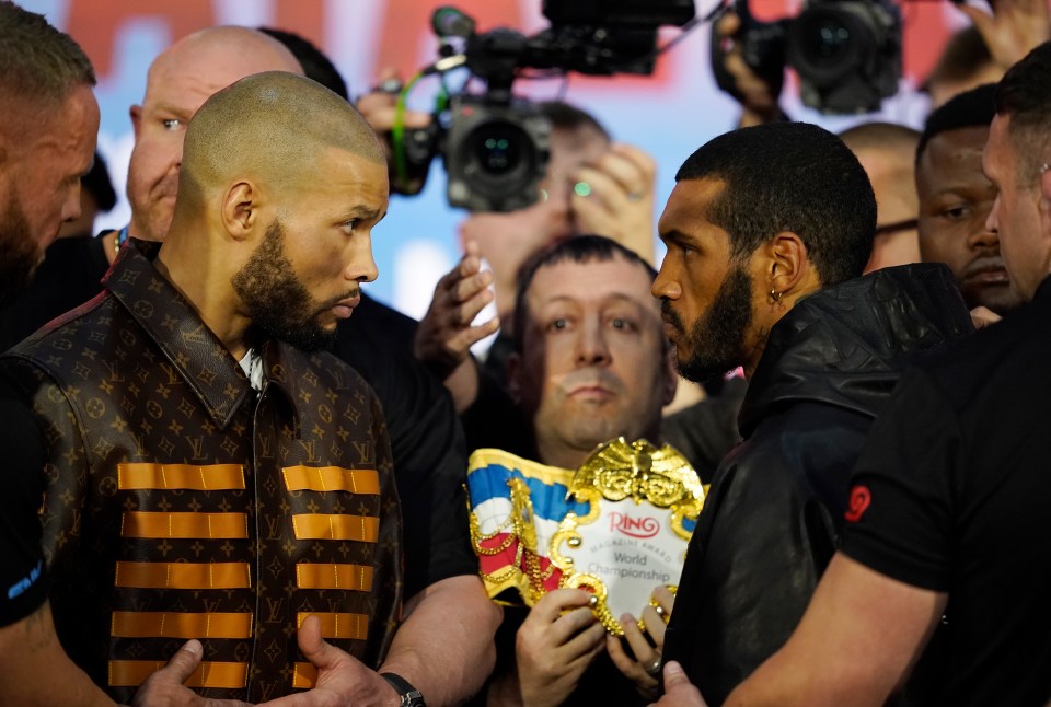 Chris Eubank Jr. and Conor Benn face off at a press conference.