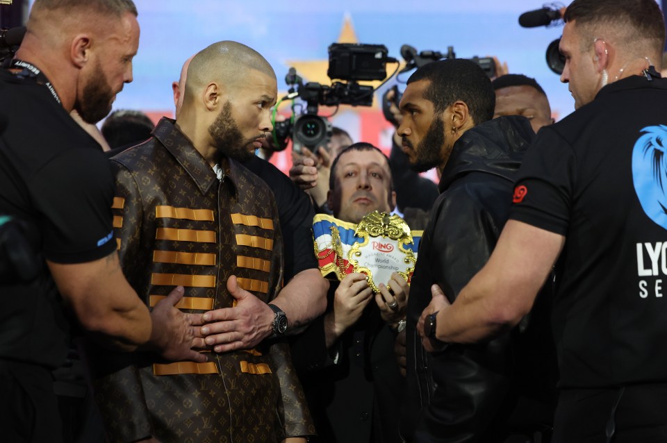 Chris Eubank Jr. and Conor Benn face off at a press conference.