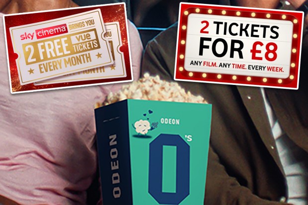 Collage of movie tickets and popcorn; two free movie tickets every month and two tickets for £8.