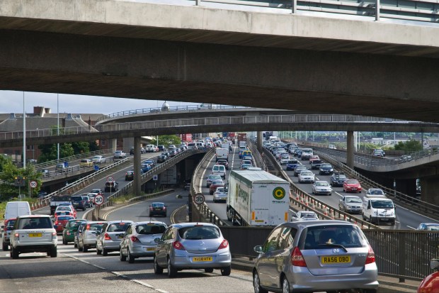 Heavy traffic jam on a motorway slip road.