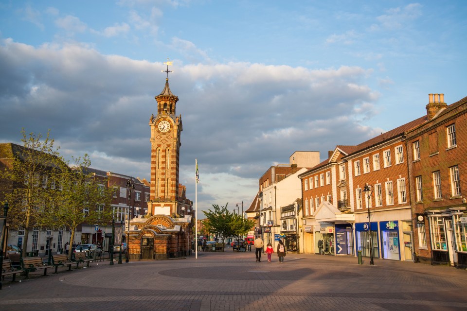 Clock tower in Epsom town center, Surrey.